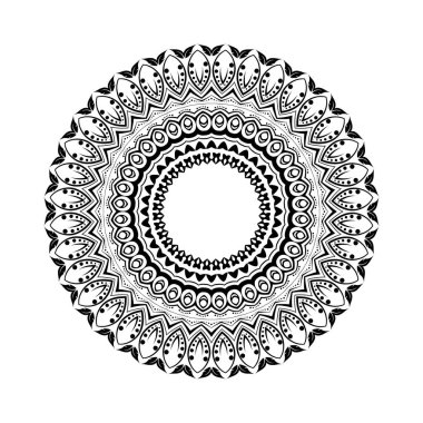 Beyaz izole edilmiş arka planda siyah yuvarlak mandala. Etnik doğu tarzında dekoratif süs. Her tasarım için mükemmel, doğum günü, bayram, kaleydoskop, yoga, meditasyon, mehndi, dövme, dekorasyon.