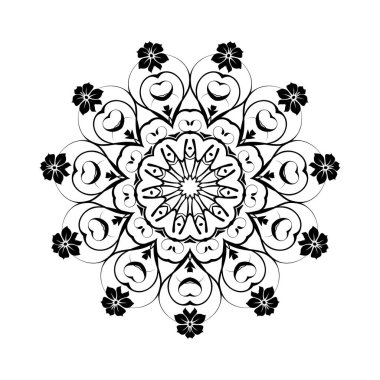 Beyaz izole edilmiş arka planda siyah yuvarlak mandala. Etnik doğu tarzında dekoratif süs. Her tasarım için mükemmel, doğum günü, bayram, kaleydoskop, yoga, meditasyon, mehndi, dövme, dekorasyon.