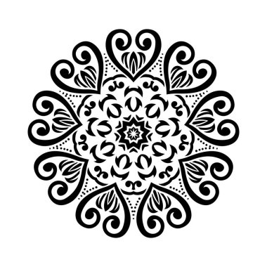 Beyaz izole edilmiş arka planda siyah yuvarlak mandala. Etnik doğu tarzında dekoratif süs. Her tasarım için mükemmel, doğum günü, bayram, kaleydoskop, yoga, meditasyon, mehndi, dövme, dekorasyon.
