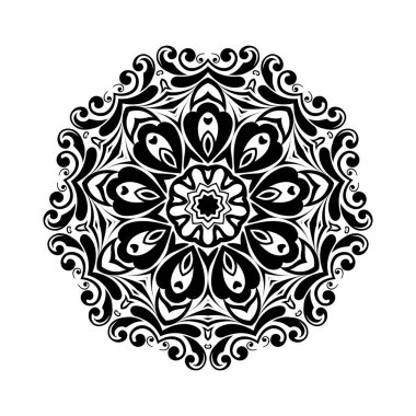 Beyaz izole edilmiş arka planda siyah yuvarlak mandala. Etnik doğu tarzında dekoratif süs. Her tasarım için mükemmel, doğum günü, bayram, kaleydoskop, yoga, meditasyon, mehndi, dövme, dekorasyon.