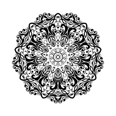 Beyaz izole edilmiş arka planda siyah yuvarlak mandala. Etnik doğu tarzında dekoratif süs. Her tasarım için mükemmel, doğum günü, bayram, kaleydoskop, yoga, meditasyon, mehndi, dövme, dekorasyon.