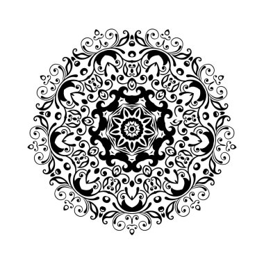 Beyaz izole edilmiş arka planda siyah yuvarlak mandala. Etnik doğu tarzında dekoratif süs. Her tasarım için mükemmel, doğum günü, bayram, kaleydoskop, yoga, meditasyon, mehndi, dövme, dekorasyon.