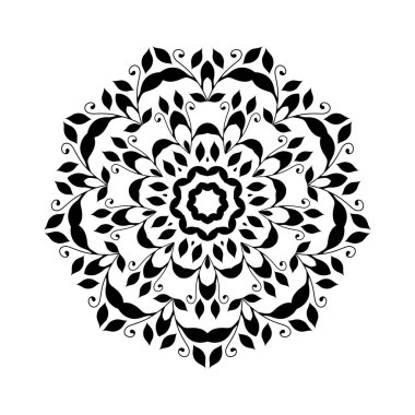 Beyaz izole edilmiş arka planda siyah yuvarlak mandala. Etnik doğu tarzında dekoratif süs. Her tasarım için mükemmel, doğum günü, bayram, kaleydoskop, yoga, meditasyon, mehndi, dövme, dekorasyon.