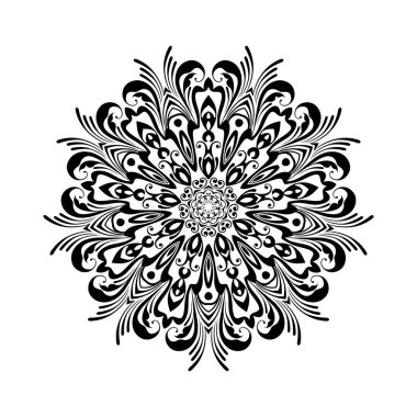 Beyaz izole edilmiş arka planda siyah yuvarlak mandala. Etnik doğu tarzında dekoratif süs. Her tasarım için mükemmel, doğum günü, bayram, kaleydoskop, yoga, meditasyon, mehndi, dövme, dekorasyon.