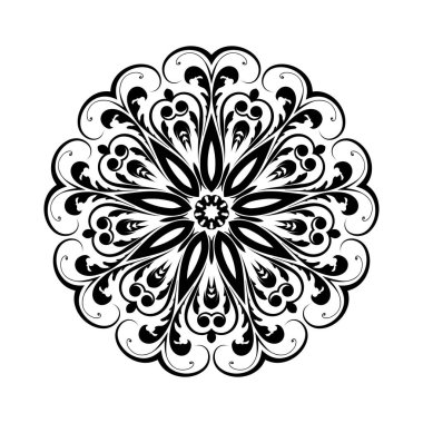 Beyaz izole edilmiş arka planda siyah yuvarlak mandala. Etnik doğu tarzında dekoratif süs. Her tasarım için mükemmel, doğum günü, bayram, kaleydoskop, yoga, meditasyon, mehndi, dövme, dekorasyon.