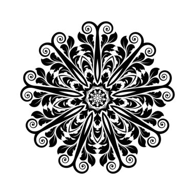 Beyaz izole edilmiş arka planda siyah yuvarlak mandala. Etnik doğu tarzında dekoratif süs. Her tasarım için mükemmel, doğum günü, bayram, kaleydoskop, yoga, meditasyon, mehndi, dövme, dekorasyon.