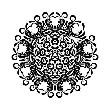Beyaz izole edilmiş arka planda siyah yuvarlak mandala. Etnik doğu tarzında dekoratif süs. Her tasarım için mükemmel, doğum günü, bayram, kaleydoskop, yoga, meditasyon, mehndi, dövme, dekorasyon.