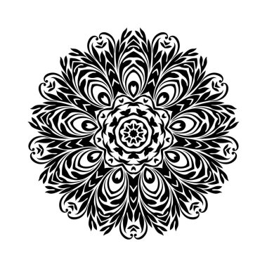 Beyaz izole edilmiş arka planda siyah yuvarlak mandala. Etnik doğu tarzında dekoratif süs. Her tasarım için mükemmel, doğum günü, bayram, kaleydoskop, yoga, meditasyon, mehndi, dövme, dekorasyon.