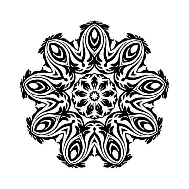 Beyaz izole edilmiş arka planda siyah yuvarlak mandala. Etnik doğu tarzında dekoratif süs. Her tasarım için mükemmel, doğum günü, bayram, kaleydoskop, yoga, meditasyon, mehndi, dövme, dekorasyon.
