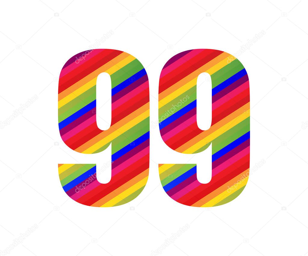 99 Number Rainbow Style Numeral Digit. Colorful Ninety Nine Number Vector Illustration Design Isolated on White Background.