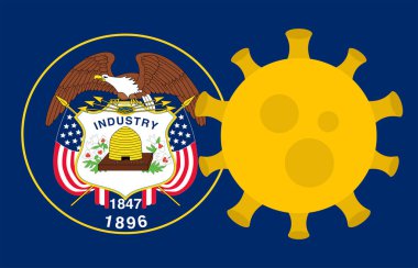 Utah Eyaleti bayrağı. Virüs salgını ABD bayrağının arka planında. Roman Coronavirus Hastalığı COVID-19. Coronavirüs enfeksiyonu ve Amerika 'daki salgın. ABD Kilitlemesi.