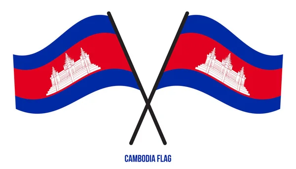 Two Crossed Waving Cambodia Flag Isolated White Background Cambodia Flag — Stock Vector