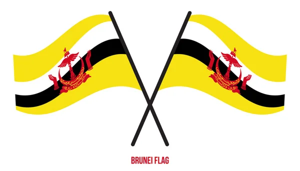 Två Korsade Viftande Brunei Flagga Isolerad Vit Bakgrund Brunei Flagga — Stock vektor