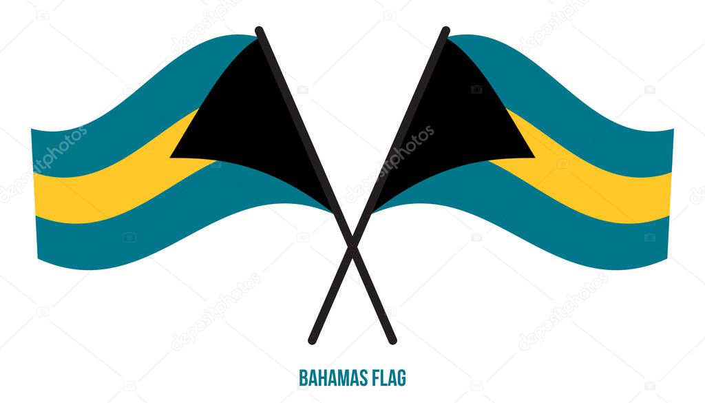 Two Crossed Waving Bahamas Flag On Isolated White Background. Bahamas Flag Vector Illustration.
