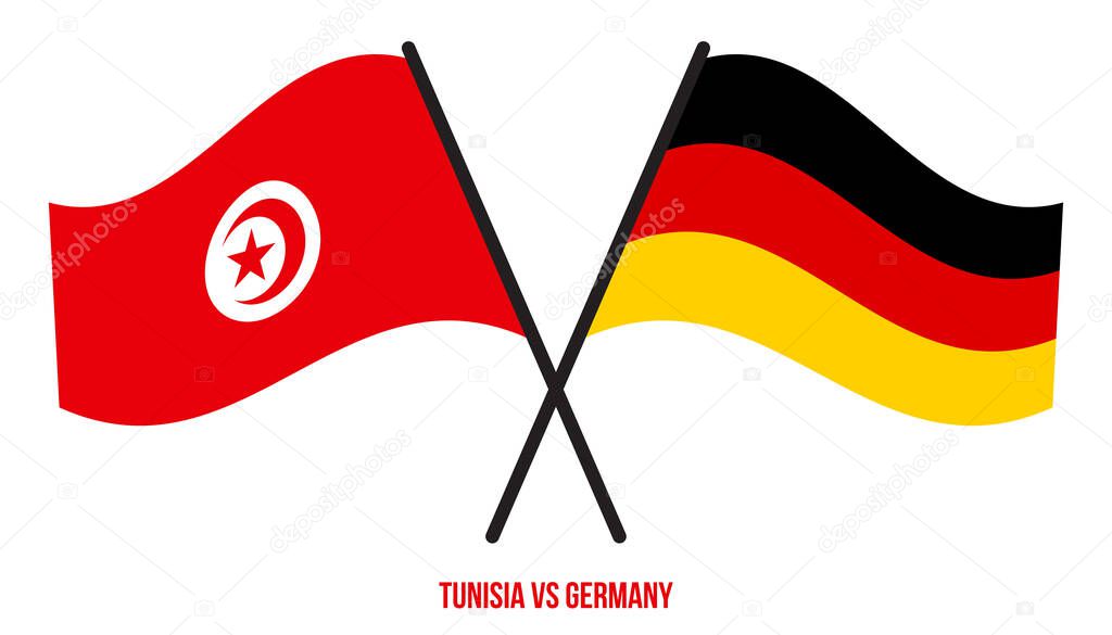 Tunisia and Germany Flags Crossed And Waving Flat Style. Official Proportion. Correct Colors.