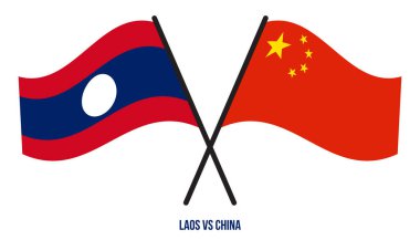 Laos ve Çin Bayrakları Çarpıştı ve Sallanan Düz Stil. Resmi Orantı. Renkleri Düzelt.