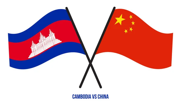 Cambodia China Flags Crossed Waving Flat Style Official Proportion Correct — Stock Vector