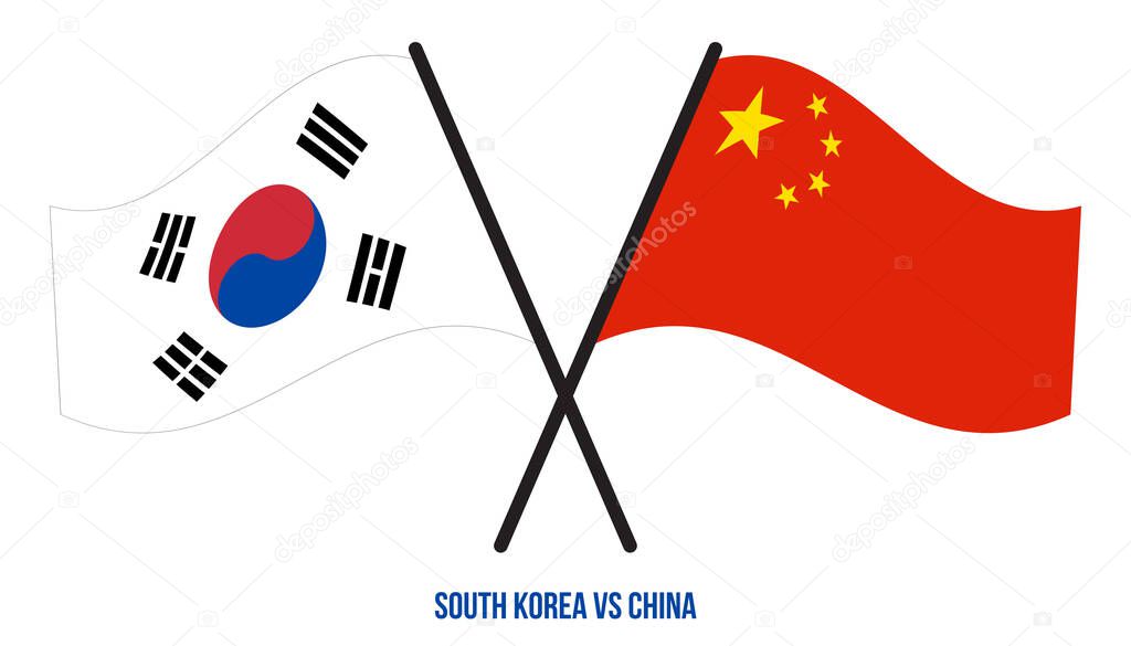 South Korea and China Flags Crossed And Waving Flat Style. Official Proportion. Correct Colors.