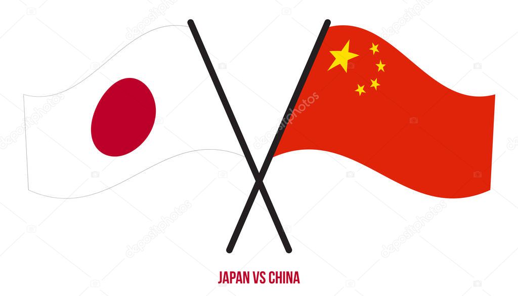 Japan and China Flags Crossed And Waving Flat Style. Official Proportion. Correct Colors.