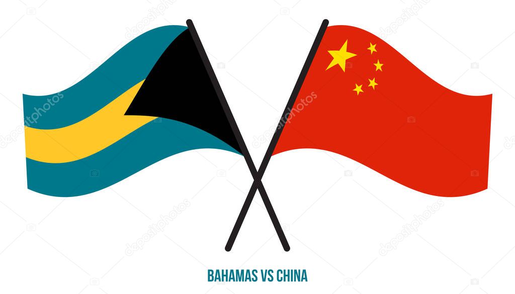 Bahamas and China Flags Crossed And Waving Flat Style. Official Proportion. Correct Colors.