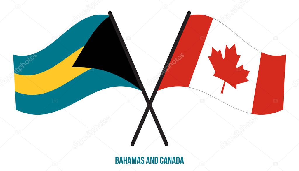 Bahamas and Canada Flags Crossed And Waving Flat Style. Official Proportion. Correct Colors.