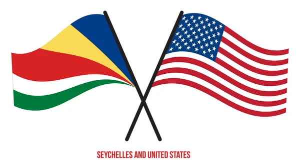 Seychelles Estados Unidos Banderas Cruzadas Ondeando Estilo Plano Proporción Oficial — Vector de stock
