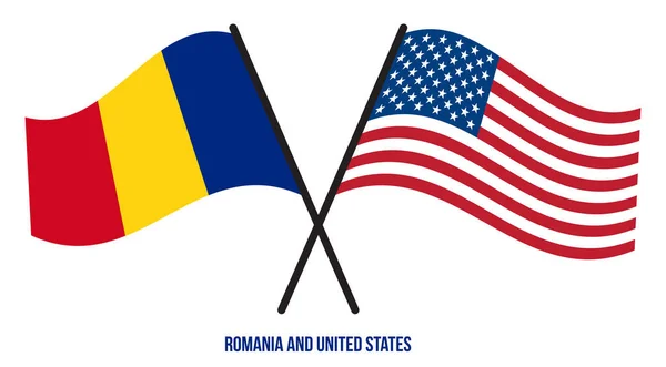 Rumanía Estados Unidos Banderas Cruzadas Ondeando Estilo Plano Proporción Oficial — Vector de stock