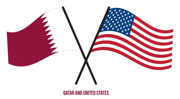 卡塔尔和美国国旗交叉摇曳的扁平风格 官方比例 正确的颜色 — 图库矢量图片