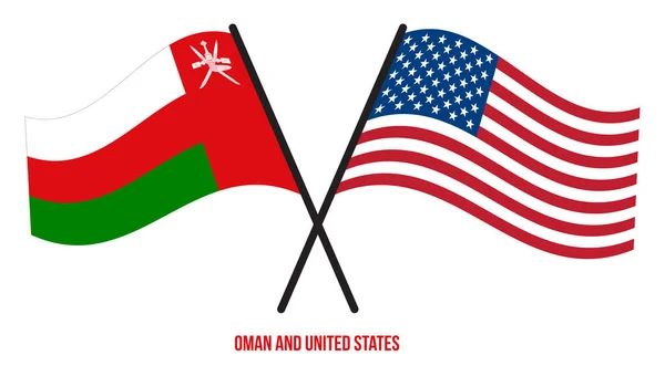Omán Estados Unidos Banderas Cruzadas Ondeando Estilo Plano Proporción Oficial — Vector de stock