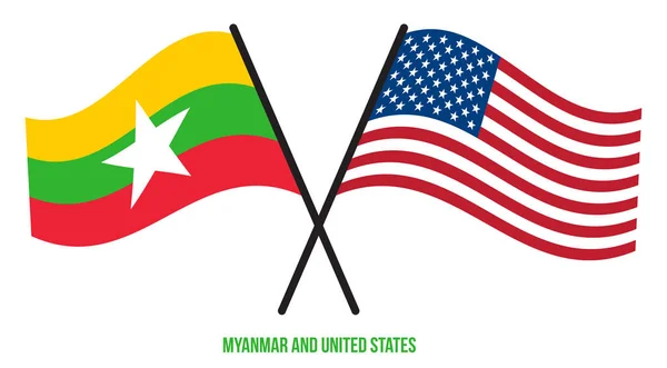Myanmar Estados Unidos Banderas Cruzadas Ondeando Estilo Plano Proporción Oficial — Vector de stock