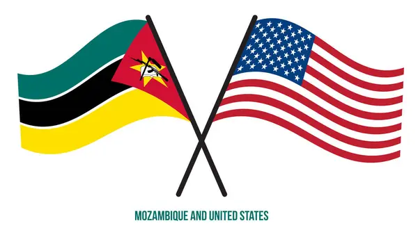 Mozambique Estados Unidos Banderas Cruzadas Ondeando Estilo Plano Proporción Oficial — Vector de stock
