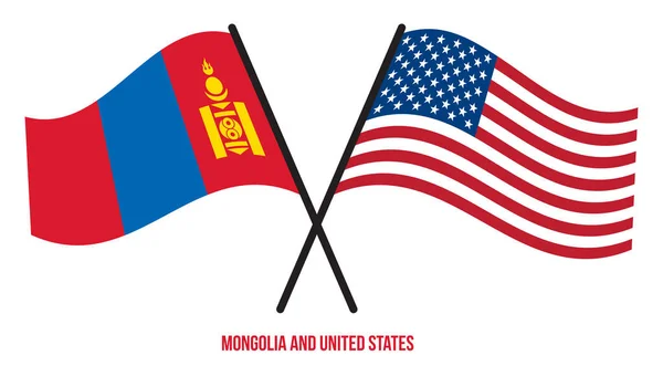 Mongolia Estados Unidos Banderas Cruzadas Ondeando Estilo Plano Proporción Oficial — Vector de stock