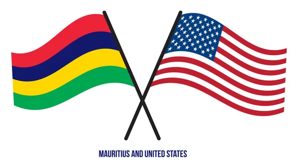 毛里求斯和美国国旗交叉摇曳的扁平风格 官方比例 正确的颜色 — 图库矢量图片