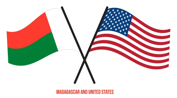 Madagascar Estados Unidos Banderas Cruzadas Ondeando Estilo Plano Proporción Oficial — Vector de stock