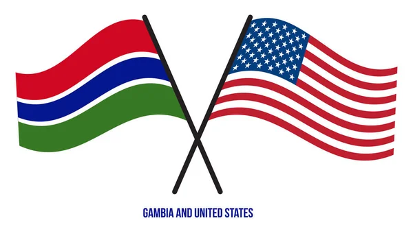 Gambia Estados Unidos Banderas Cruzadas Ondeando Estilo Plano Proporción Oficial — Vector de stock