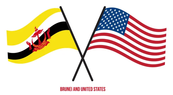 文莱和美国国旗交叉摇曳的扁平风格 官方比例 正确的颜色 — 图库矢量图片
