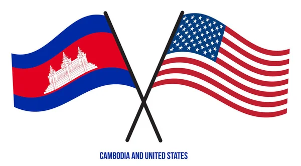 Cambodia United States Flags Crossed Waving Flat Style Official Proportion — Stock Vector
