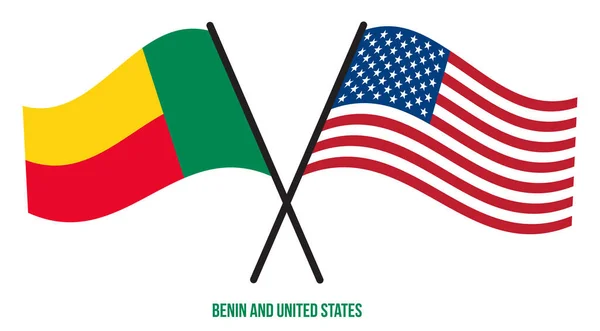 贝宁和美国国旗交叉摇曳的扁平风格 官方比例 正确的颜色 — 图库矢量图片