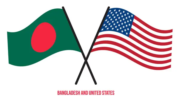 Bangladesh Estados Unidos Banderas Cruzadas Ondeando Estilo Plano Proporción Oficial — Vector de stock