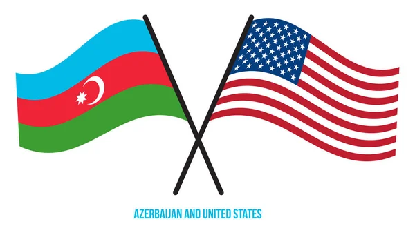 Azerbaiyán Estados Unidos Banderas Cruzadas Ondeando Estilo Plano Proporción Oficial — Vector de stock