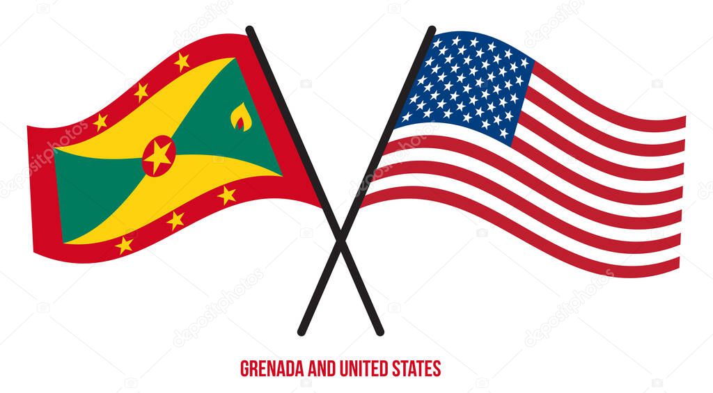 Grenada and United States Flags Crossed And Waving Flat Style. Official Proportion. Correct Colors.