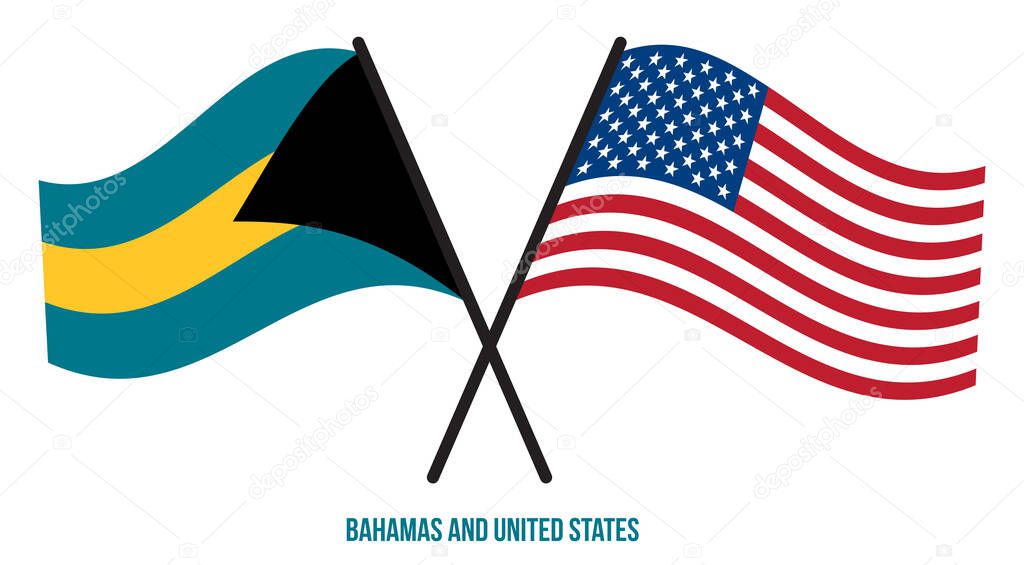 Bahamas and United States Flags Crossed And Waving Flat Style. Official Proportion. Correct Colors.