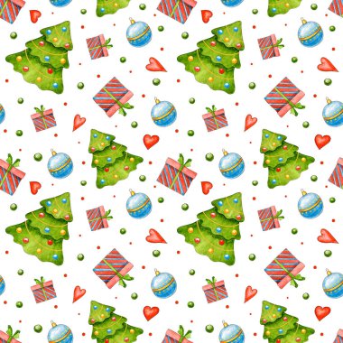 Noel ağacı, yıldızlar, hediye, yay, boncuklar, çelenkler. Noel ve yeni yıl. Suluboya karikatür elementleri. El çizimi arka plan. Noel hediyesi. Tebrik kartı
