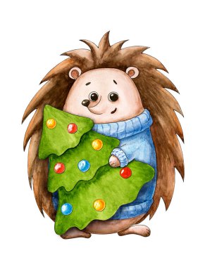 Kirpi dolu yeni yıl kartpostalı. Noel ve yeni yıl. Suluboya çizgi film hayvanı. Sevimli bir karakter. El çizimi çizimi. Noel ağacı. Tebrik kartı
