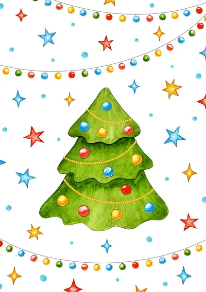 New year\'s postcard with Christmas tree, stars, bow,  beads, garland. Christmas and new year. Watercolor cartoon elements. Symbol 2020. Hand drawn illustration. Christmas gift. Greeting card