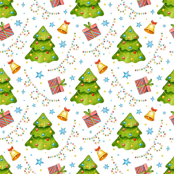 New Year Seamless Pattern Christmas Tree Stars Gift Bell Garland — Stock Photo, Image