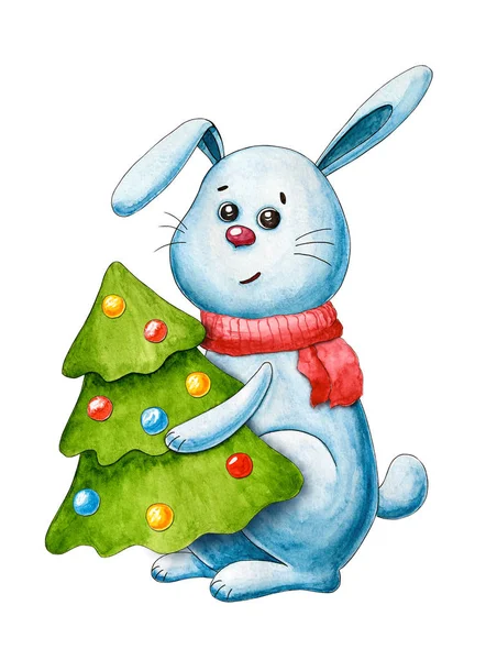 New year\'s postcard with rabbit. Christmas and new year. Watercolor cartoon leveret. Cute character.Hand drawn illustration. Christmas tree. Greeting card