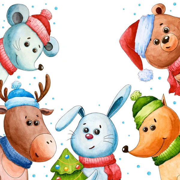 Fare, tavşan, tilki, ayı ve geyikli yeni yıl kartı. Noel ve Yeni Yıl. Suluboya çizgi film hayvanları. Sevimli bir karakter. Sembol 2020. El yapımı oyuncaklar. Noel ağacı. Tebrik kartı 