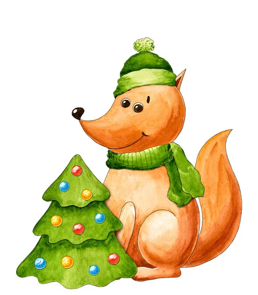 New Year Postcard Fox Fir Tree Christmas New Year Watercolor — Stock Photo, Image