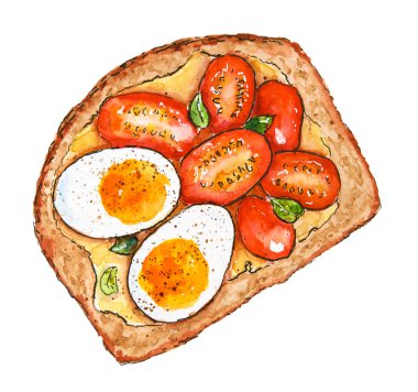 Domatesli suluboya tost, yumurta, peynir. El yapımı fast food. Lezzetli taze atıştırmalıklar, kahvaltı. Çizim, taslak. Parlak suluboya lekeleri. Boyama dokusu